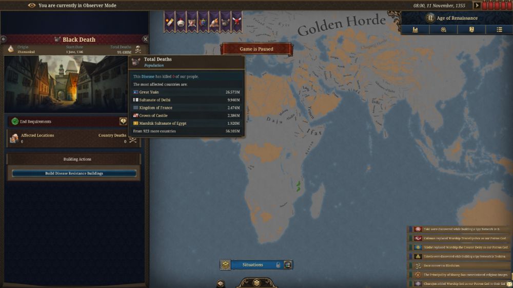 A screenshot of Europa Universalis V showing the very end of the Black Death, which has killed 99.4 million people including 26.5 million in Great Yuan (Meaning likely over 30 million across all China).