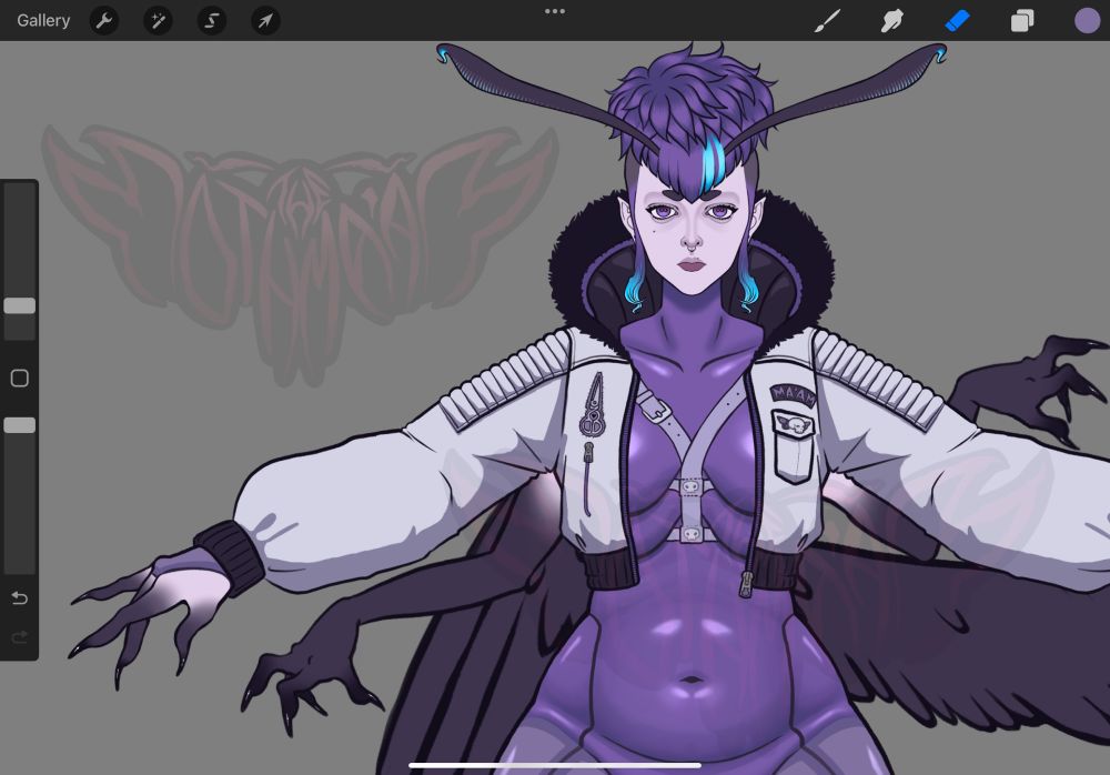 Screenshot of the iPad program procreate featuring part of a work in progress of the author’s v tuber. The character is a human moth cryptid hybrid wearing a white jacket and purple catsuit. 