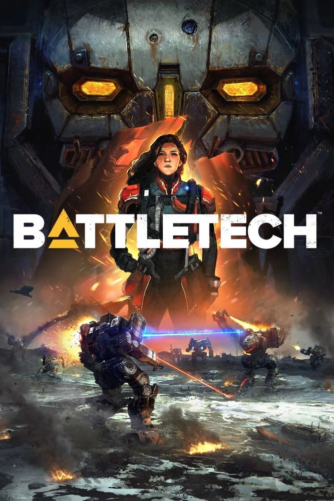 The cover art for BATTLETECH, depicting the text logo superimposed over Lady Kamea Arano. Behind her is the face of an Atlas mech. In the foreground a Shadowhawk medium mech and a Catapult heavy mech exchange fire while a battle rages around them.