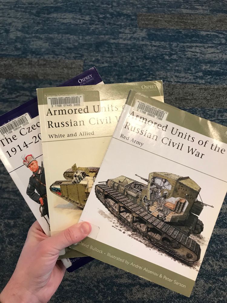 Three thin, illustrated military history books on the Russian Civil War, written by David Bullock and published by Osprey: Armored Units of the Russian Civil War: Red Army, Armored Units of the Russian Civil War: White and Allied armies, The Czech Legion: 1914-1920