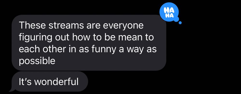 A text message that reads “These streams are everyone figuring out how to be mean to each other in as funny a way as possible. It’s wonderful.”