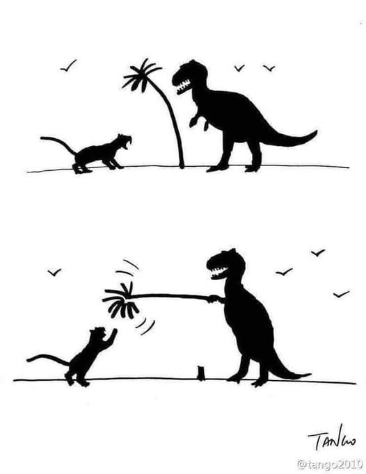 Two panel cartoon.  Panel 1 is black silhouette of a T-Rex, palm tree and sabre-tooth tiger.  Panel 2 is also silhouettes, but the T-Rex has broken off the palm tree and is waving it at the cat like a wand tickler toy and the cat is batting at it.