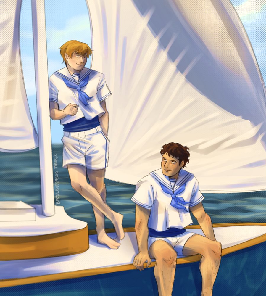 Fanart of Reigen and Serizawa on a sailboat wearing sailor suits from an official artwork