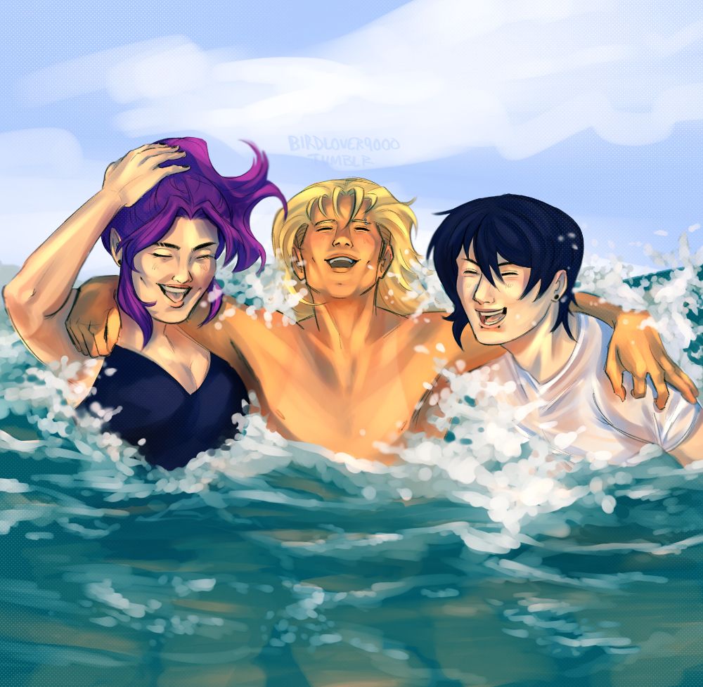 Fanart of Abigail, Sam, and Sebastian from Stardew Valley hugging while swimming at the beach