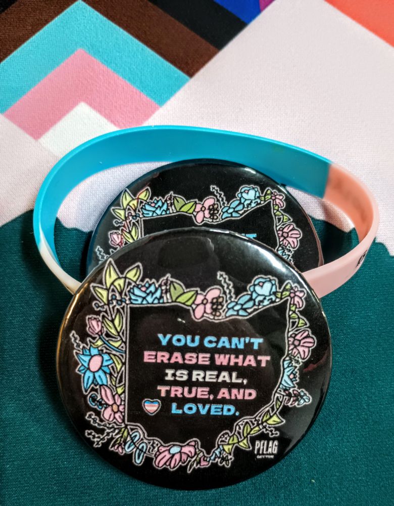 A pin back badge that reads, in Transgender Pride flag colors, "You can't erase what is real, true and loved" 