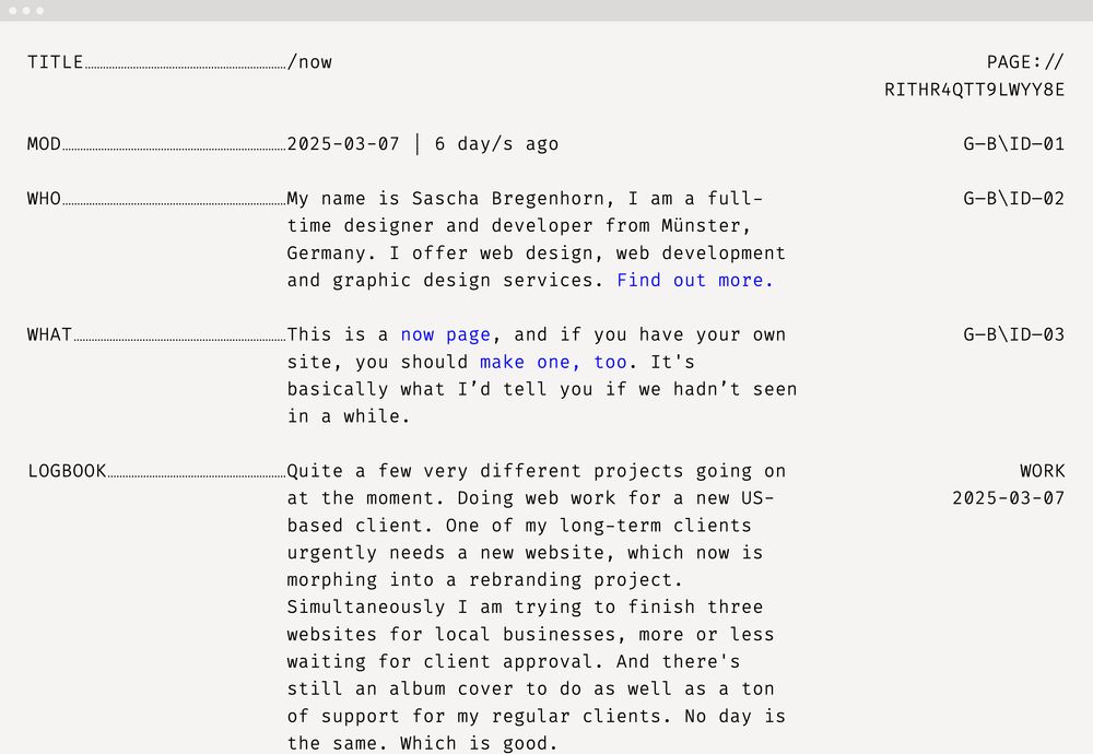 /now page of sascha bregenhorn