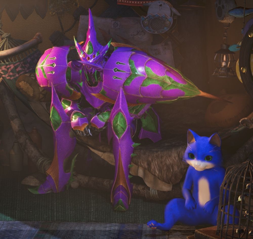 my really cool eva-01 monster hunter armor and my also really awesome sonic palico please 