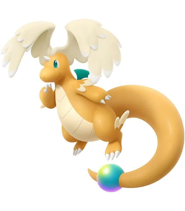 Mega Dragonite picture. He kept his orange color but now has two big bird-like wings on his head and a huge tail with a pearl.
