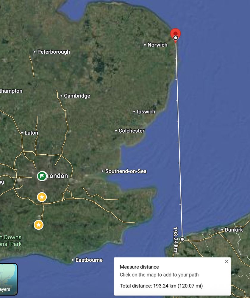 Google Maps image of East Anglia and SE England and northen part of France. A measurement line shows that the distance between Caister and Calais is 120 miles