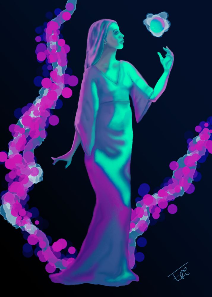 A woman and floating orb in bright teal and pink light 