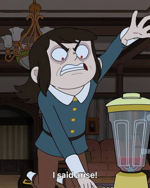 Abbadon from Netflix Haunted hotel with the caption “I said arise.” A colonial dressed cartoon boy with a yellow blender.