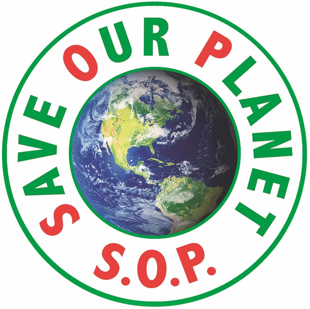 Logo of the Save Our Planet organization. It's out planet Earth with the organization name in Green bold letters around it. At the bottom the name is shortened in red bold letters S O P.