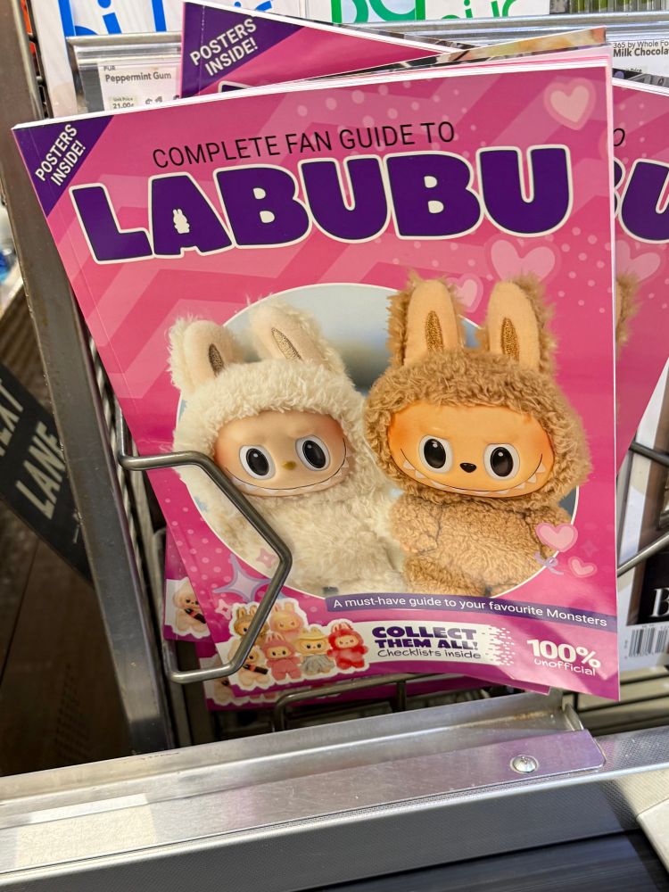 a magazine at the checkout lane titled “COMPLETE GUIDE TO LABUBU”