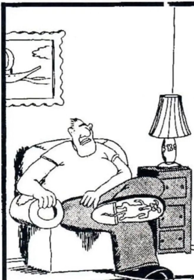 a drawing in a far side cartoon of large man sitting on an armchair. he has the look of a half-wit