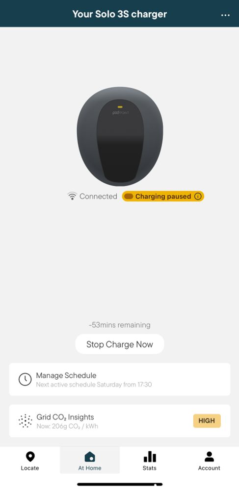 A screenshot of my PodPoint Solo car charger app, which is currently indicating that charging is paused and there is -53 minutes of charging left. It has a “Stop charging now” button. Pressing it does nothing. Trying to get it to start a charge doesn’t work. 