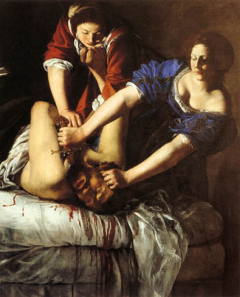 Quadro "Judite Decapitando Holofernes", de Artemísia Gentileschi.
Holofernes luta em vão para pressionar Abra, enquanto as duas mulheres o imobilizam com braços visivelmente fortes. Suas mangas estão arregaçadas, como se estivessem realizando uma tarefa doméstica inevitável, e seus rostos expressam uma determinação inabalável. Judith enfia a espada, que está visivelmente na vertical e tem um formato que lembra uma cruz, na carne com uma força extenuante. Abra é retratada quase como um espelho de Judith, com uma aparência jovem que se afasta das representações anteriores de sua personagem. Ela segura firmemente o braço esquerdo de sua vítima enquanto ele empurra seu peito em desespero. Holofernes, cujo sangue forma poças e jorra em um vermelho profundo que contrasta com os lençóis brancos de seu leito de morte, é dominado e sem esperança.
