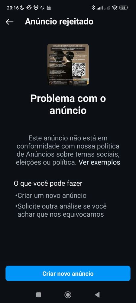 Print de "anúncio rejeitado" da Meta. O texto diz "Problema com o anúncio. Este anúncio não está em conformidade com nossa política de Anúncios sobre temas sociais, eleições ou política".