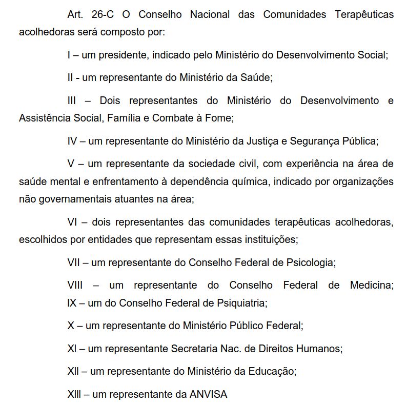 Art. 26-C O Conselho Nacional das Comunidades Terapêuticas
acolhedoras será composto por:
I – um presidente, indicado pelo Ministério do Desenvolvimento Social;
II - um representante do Ministério da Saúde;
III – Dois representantes do Ministério do Desenvolvimento e
Assistência Social, Família e Combate à Fome;
IV – um representante do Ministério da Justiça e Segurança Pública;
V – um representante da sociedade civil, com experiência na área de
saúde mental e enfrentamento à dependência química, indicado por organizações
não governamentais atuantes na área;
VI – dois representantes das comunidades terapêuticas acolhedoras,
escolhidos por entidades que representam essas instituições;
VII – um representante do Conselho Federal de Psicologia;
VIII – um representante do Conselho Federal de Medicina;
lX – um do Conselho Federal de Psiquiatria;
X – um representante do Ministério Público Federal;
Xl – um representante Secretaria Nac. de Direitos Humanos;
Xll – um representante do Ministério da Educação;
Xlll – um representante da ANVISA