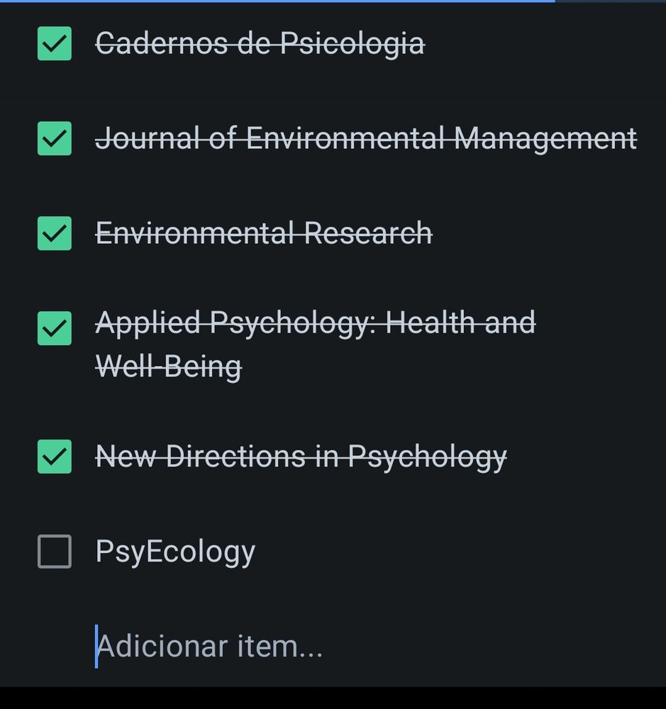Lista de periódicos, com um traço sobre aqueles que já rejeitaram o artigo.
Cadernos de Psicologia
Journal of Environmental Management
Environmental Research
Applied Psychology: Health and Well-Being
New Directions in Psychology