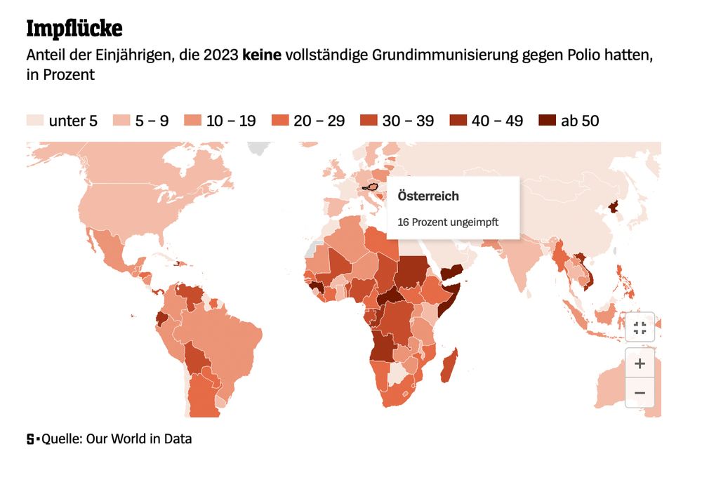 Anteil der Einjährigen, die 2023 keine vollständige Grundimmunisierung gegen Polio hatten, in Prozent. 16% Ungeimpfte in Österr.