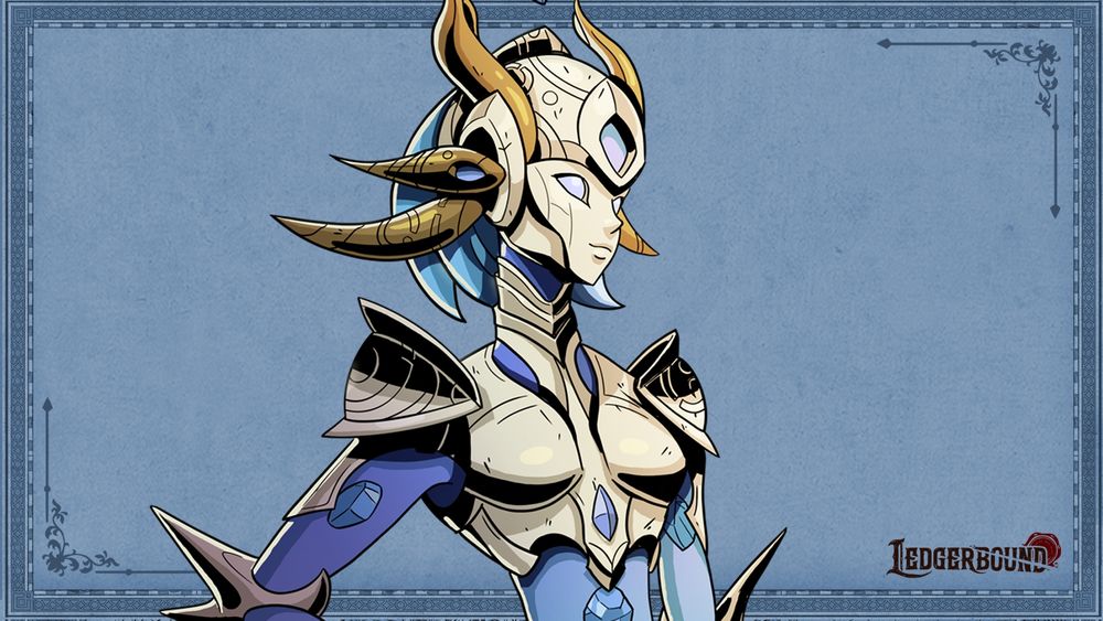A graphic that looks like light blue paper with a decorative border. Aura, a blue, white, and gold humanoid robotic figure, is in the center. Aura has a small smile on her face and a hand on her hip. The Ledgerbound game logo is in the lower right corner.