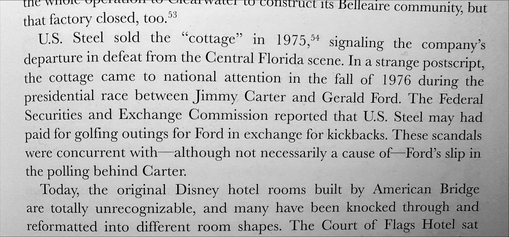 The image features a text excerpt discussing the sale of a cottage by U.S. Steel in 1975, its relevance to the 1976 presidential race between Jimmy Carter and Gerald Ford, and mentions related scandals involving U.S. Steel and Ford.