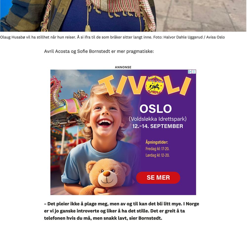 Avril Acosta og Sofie Bornstedt er mer pragmatiske: – Det pleier ikke å plage meg, men av og til kan det bli litt mye. I Norge er vi jo ganske introverte og liker å ha det stille. Det er greit å ta telefonen hvis du må, men snakk lavt, sier Bornstedt.