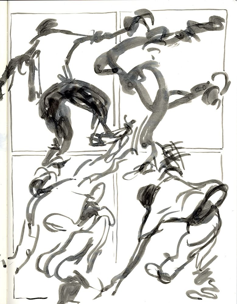 Four rectangular panels on a white page. Four figures break the boundaries of the panels, drawn with loose expressive line to portray someone breakdancing in motion. 