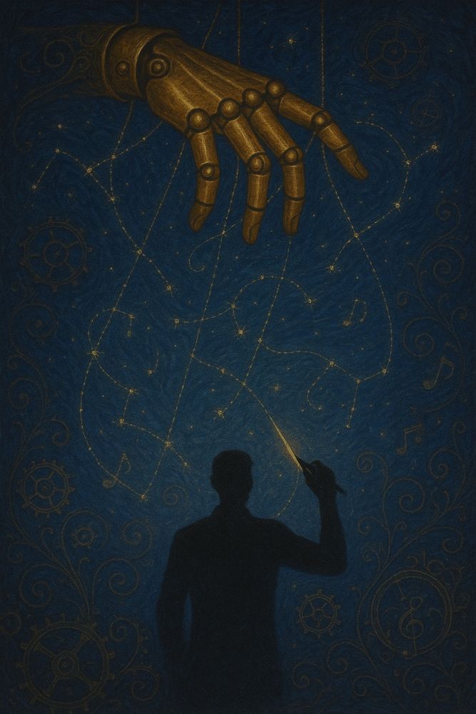 A golden hand with marionette strings being directed by someone under a starry sky