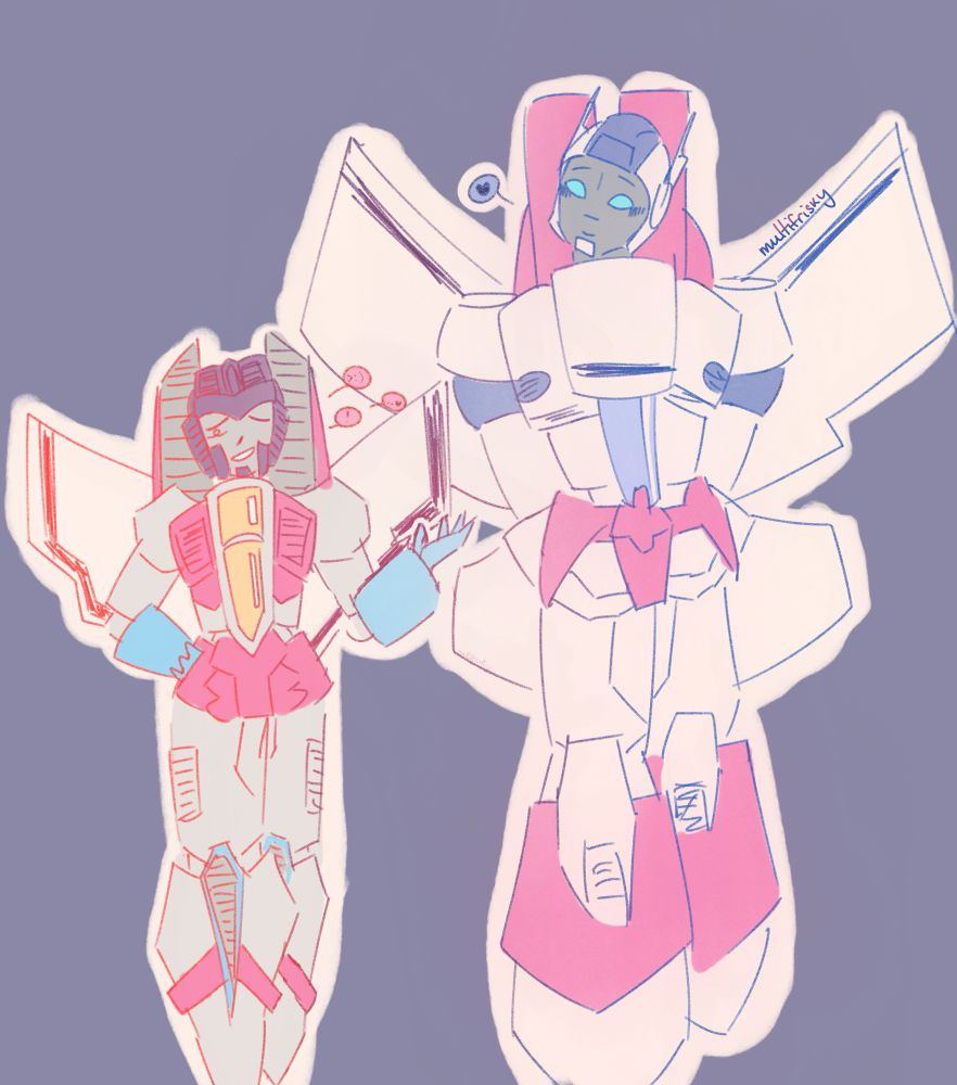 starscream and skyfire/jetfire from transformers walking and talking side by side on a solid background