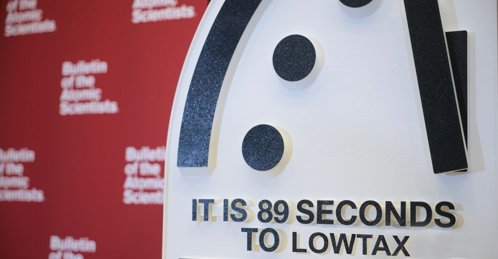 the famous Doomsday Clock, from the Bulletin of the Atomic Scientists, edited to read, "It is 89 seconds to Lowtax."