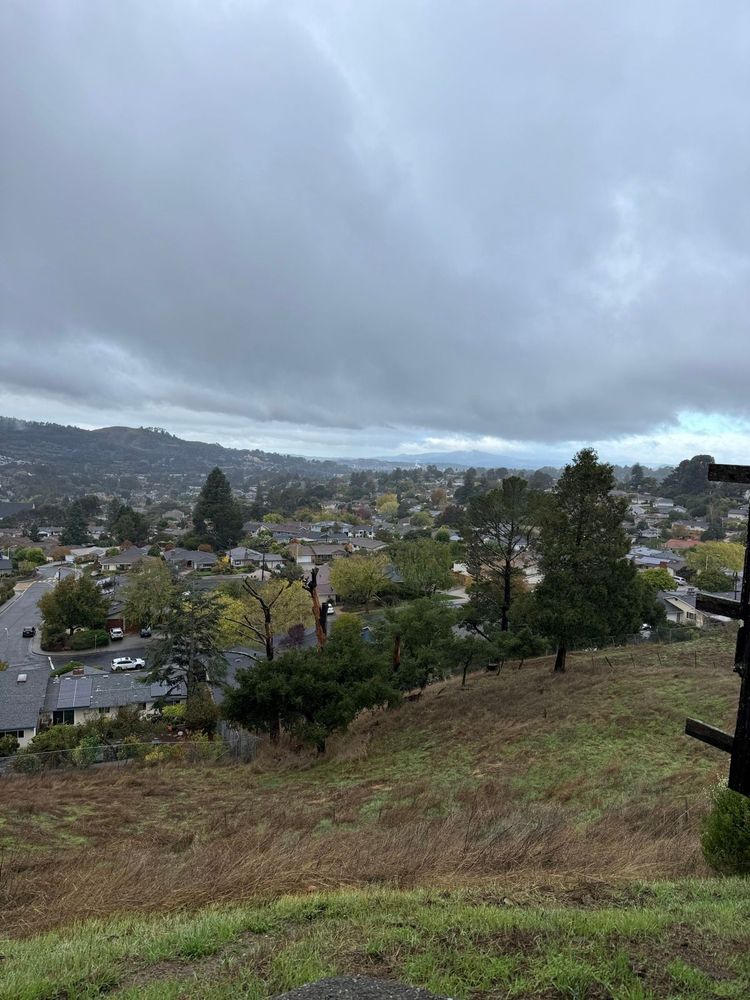 grey clouds swoop across the sky like a blanket over the cozy hills studded with neighborhoods in the expansive view of an early fall mid-morning in Northern California.