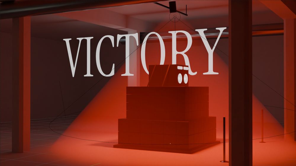 A dark room lit by a single bright red spotlight. The text "VICTORY" hovers in the center over a small platform with large speakers strapped to the top of it. 

Inspired by Madeon's art gallery performance in Los Angeles.