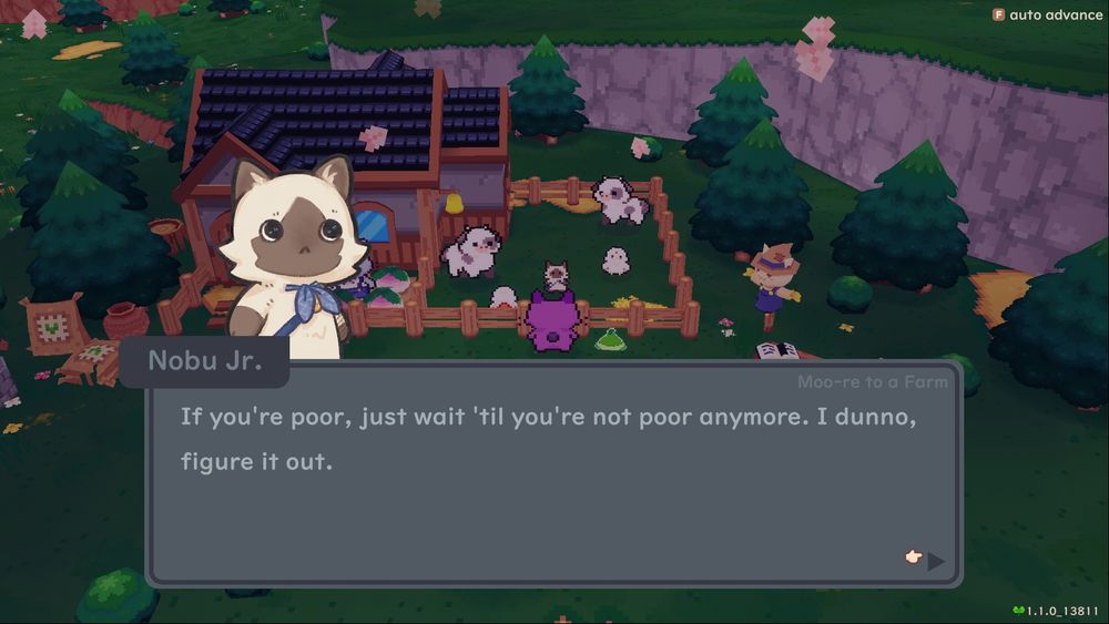 Un gatito chiquito de dibujos animados le dice al protagonista del juego "Si eres pobre, simplemente espera hasta que no seas pobre. Nu sé, apañatelas"