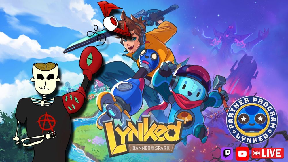 Pantalla principal del juego Lynked Banner of the Spark donde salen el protagonista con su librea de brazo robot y un compañero robotico. En primer plano Demi Calavera porta su propia versión de la librea donde el brazo es Fezzie y la garra es Pompom