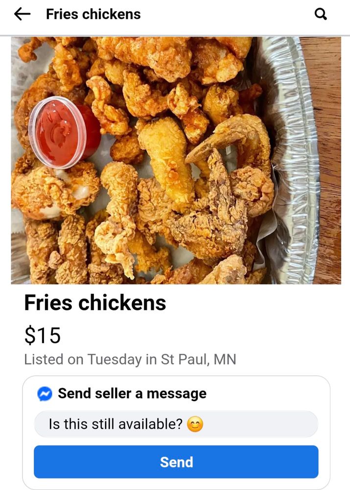 Picture of fried chicken platter with the description "fries chicken $15".