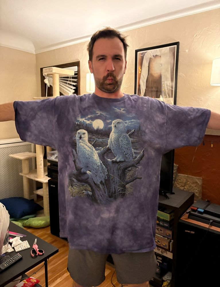 Me T-posing while wearing an oversized purple tye dye t-shirt that has two snowy owls perched in a moonlit landscape