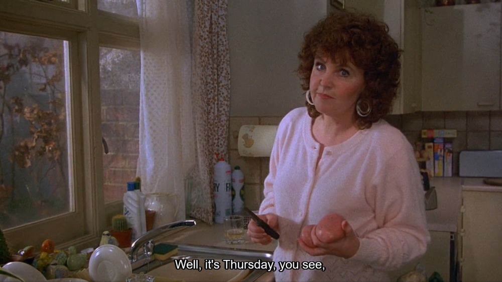 Screenshot from Shirley Valentine - "well, it's Thursday, you see."