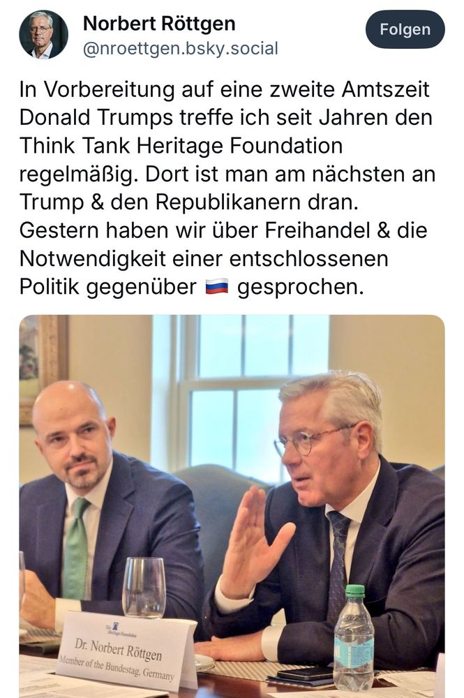 Norbert Röttgen: In Vorbereitung auf eine zweite Amtszeit Donald Trumps treffe ich seit Jahren den Think Tank Heritage Foundation regelmäßig. Dort ist man am nächsten an Trump & den Republikanern dran.
Gestern haben wir über Freihandel & die Notwendigkeit einer entschlossenen Politik gegenüber Russland gesprochen.