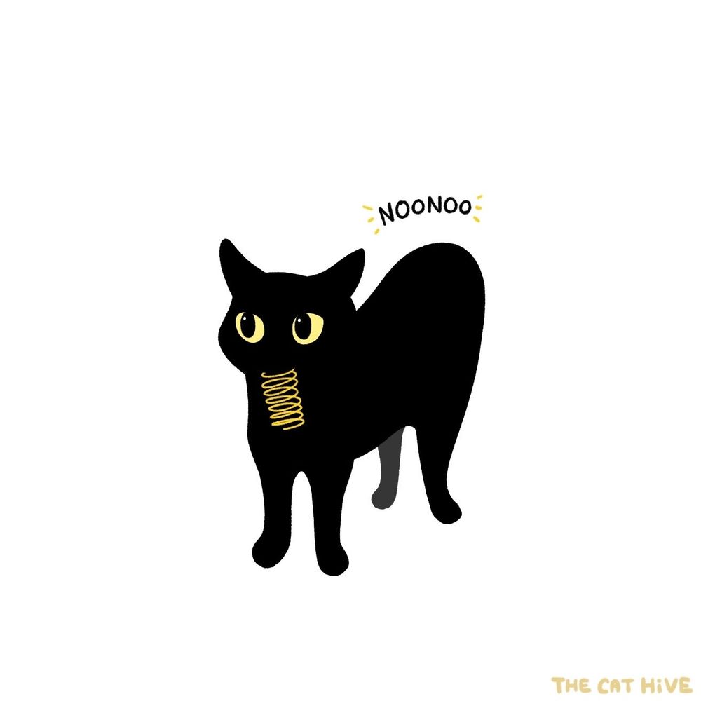 illustration by the cat hive of a black cat named noonoo with a yellow spring in its mouth and a playful expression in its eyes