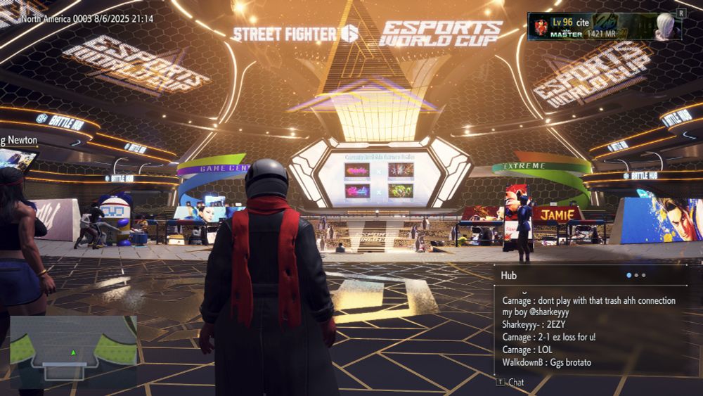 A screenshot of the Street Fighter 6 Battle Hub, decorated in black and gold with logos for the esports world cup. 
