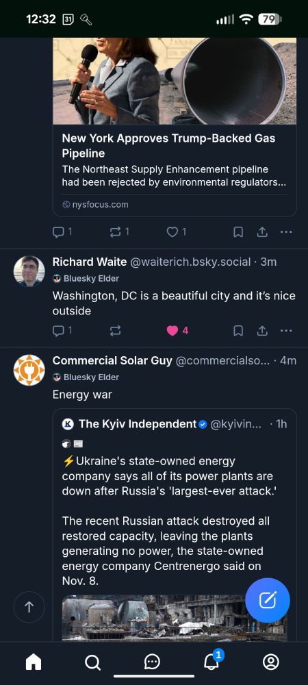 A screenshot of bluesky showing a news article from NY Focus about Governor Hochul approving an underwater gas pipeline. It's followed by Rich Waite saying "Washington, DC is a beautiful city and it's nice outside" and then followed by Commercial Solar Guy saying "Energy war". He is quote-posting The Kyiv Independent, who says, "Ukraine's state-owned energy company says all of its power plants are down after Russia's 'largest ever attack.'"