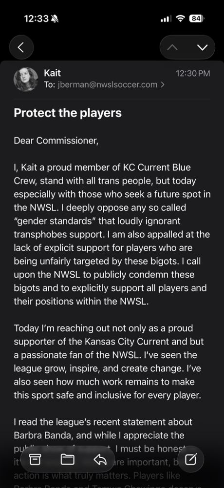 Email to NWSL commissioner asking her to protect the players from bigotry 