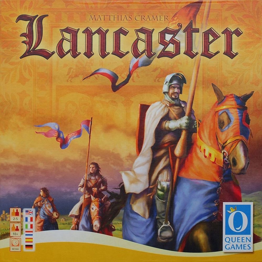 Box art for the board game Lancaster. 3 knights riding past, in decreasing levels of regalia.