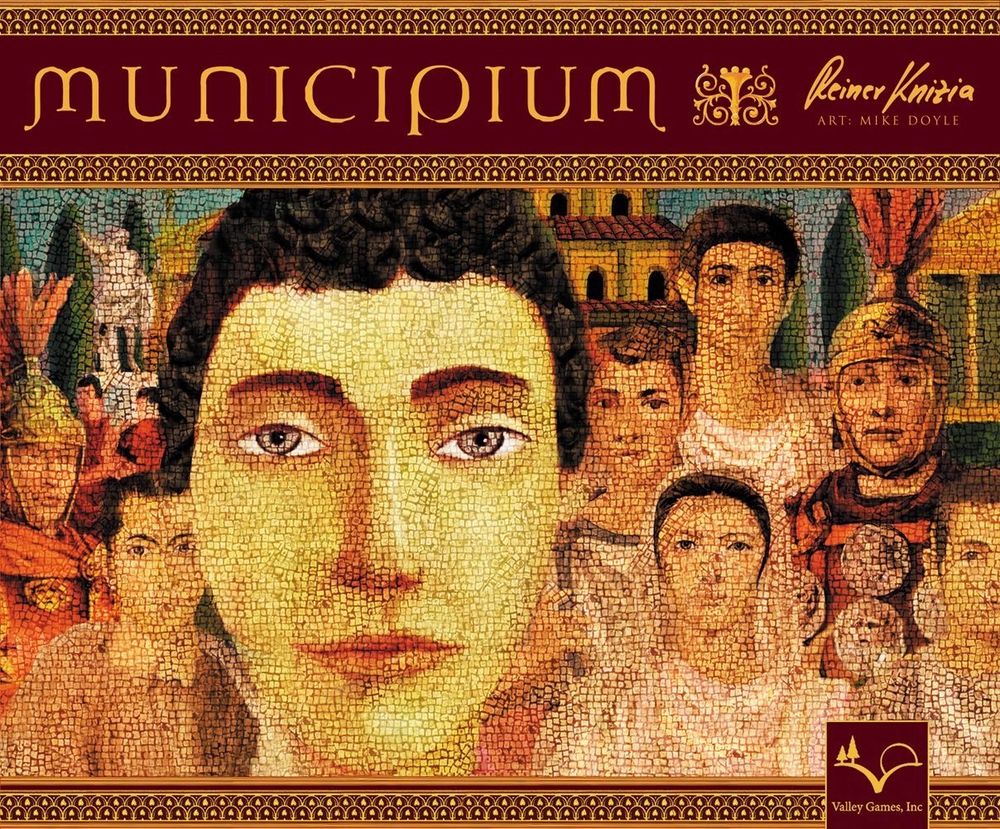 Cover artwork for the board game Municipium. Tile mosaic depicting a handful of people behind one oddly large head.