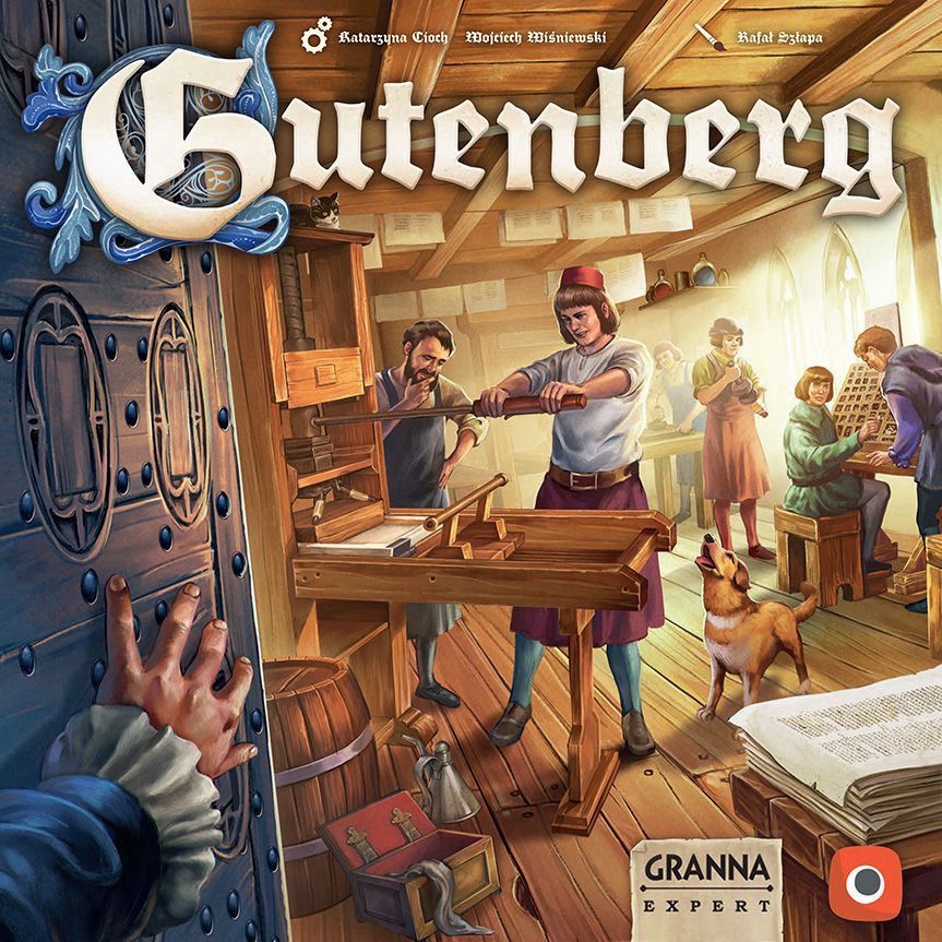 Cover for the board game Gutenberg. A somehow action-packed scene of a printing press joint.
