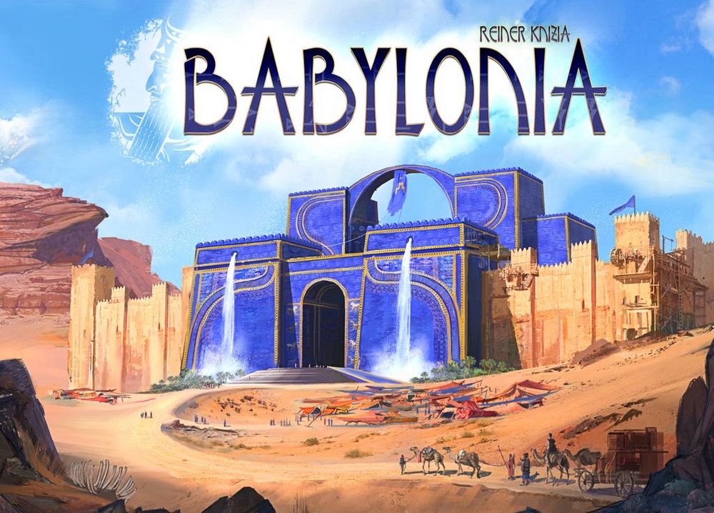 Cover art for the board game Babylonia. Scene from ancient history, a small caravan approaches what I believe is the Ishtar Gate? At any rate, blocky and monumental, vivid indigo-ish blue, waterfalls falling from atop.