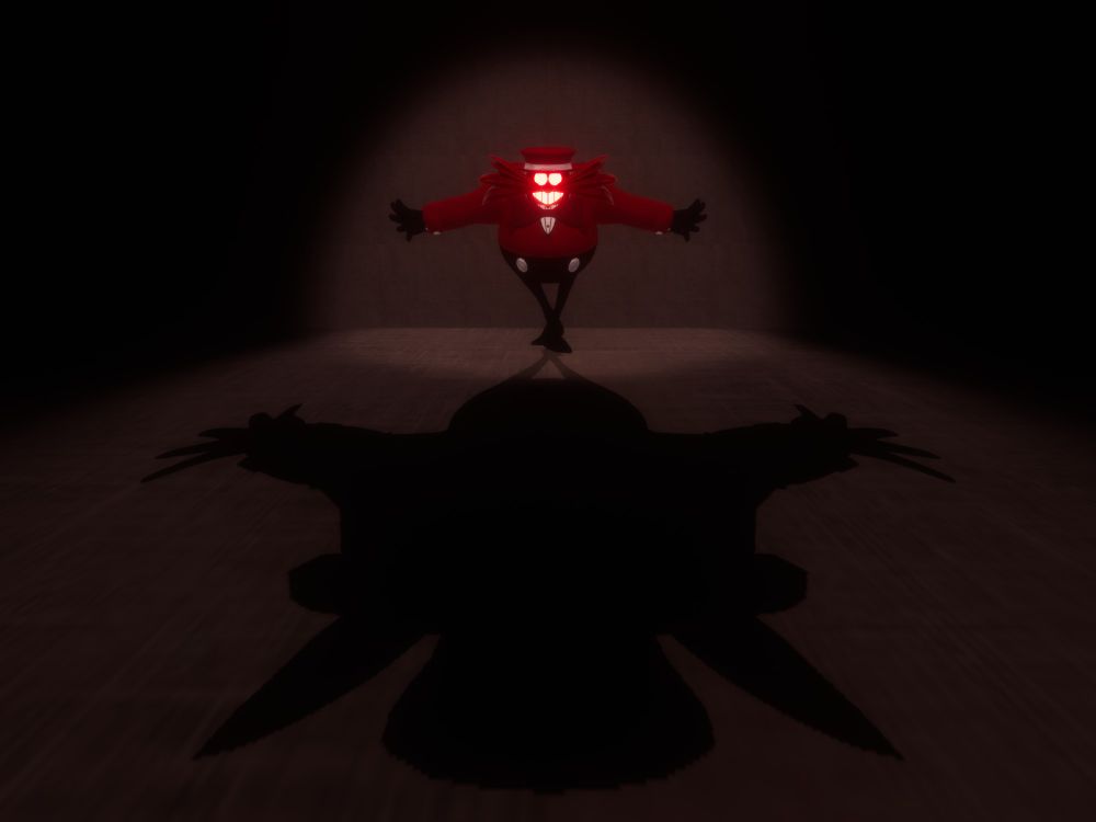 A Unity Render of Dr. Eggman, in a custom-made suit based off of the music video linked here (https://youtu.be/fR87VqxfsCQ?feature=shared).

He is leaning forward, arms spread out, grinning massively as his shadow looms over the rest of the image.