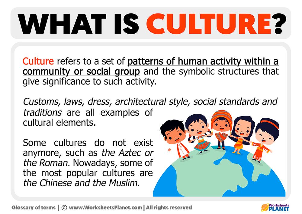 WHAT IS CULTURE?
Culture refers to a set of patterns of human activity within a community or social group and the symbolic structures that give significance to such activity.
Customs, laws, dress, architectural style, social standards and traditions are all examples of cultural elements.
Some cultures do not exist anymore, such as the Aztec or the Roman.