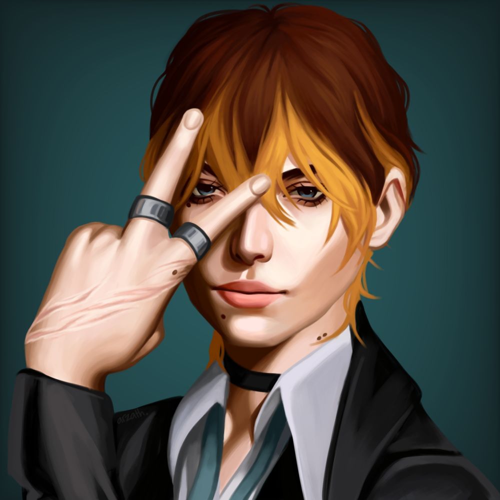 digital drawing of a headshot of a white butch woman smiling slightly with a backwards peace sign to her eye. she has short messy brown and yellow hair, moles across her skin, blue eyes and scars on her hand. she is wearing a shirt with a loose tie, and a leather jacket, and two rings on her pointer and middle finger.
